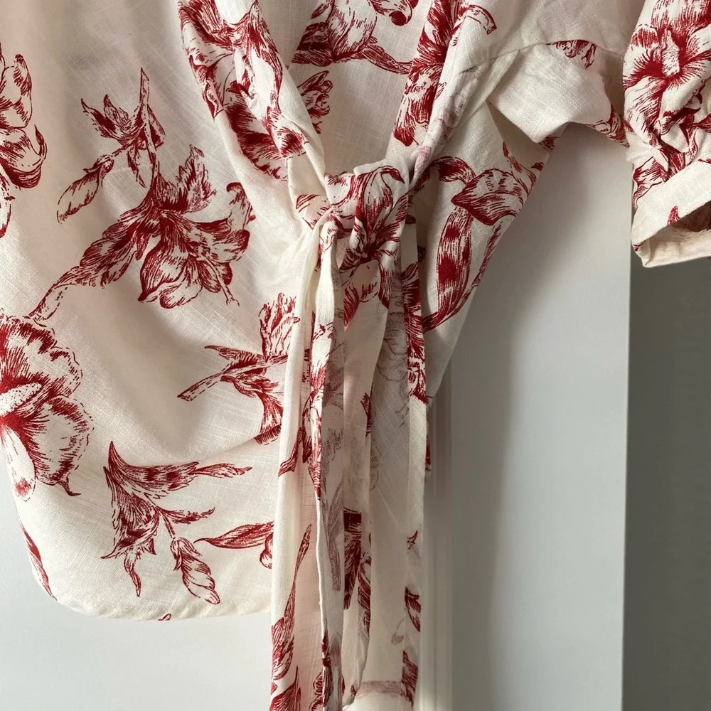 Zara Linen Blend Floral Cropped Puff Sleeve Wrap Top Size XS